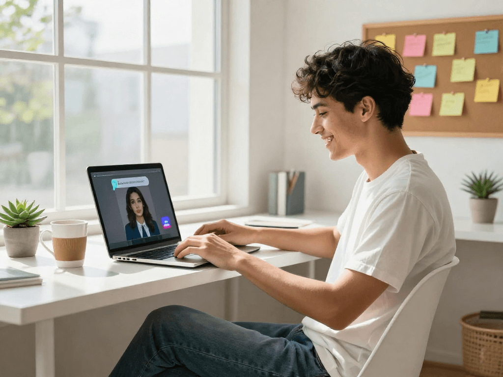 Young adult enjoying an engaging ai chat porn session on a laptop in a bright workspace.