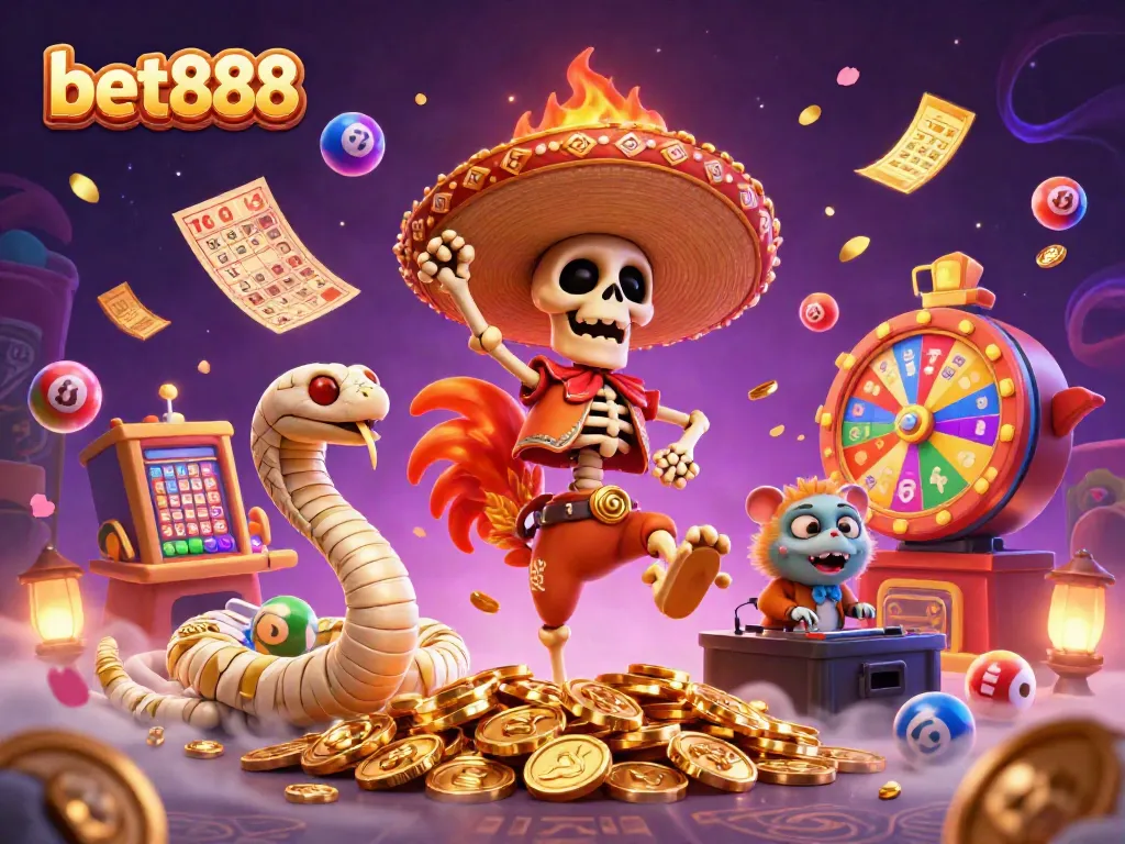 Engage with bet888 and experience exciting wins with our colorful casino illustration showcasing festive characters and games.