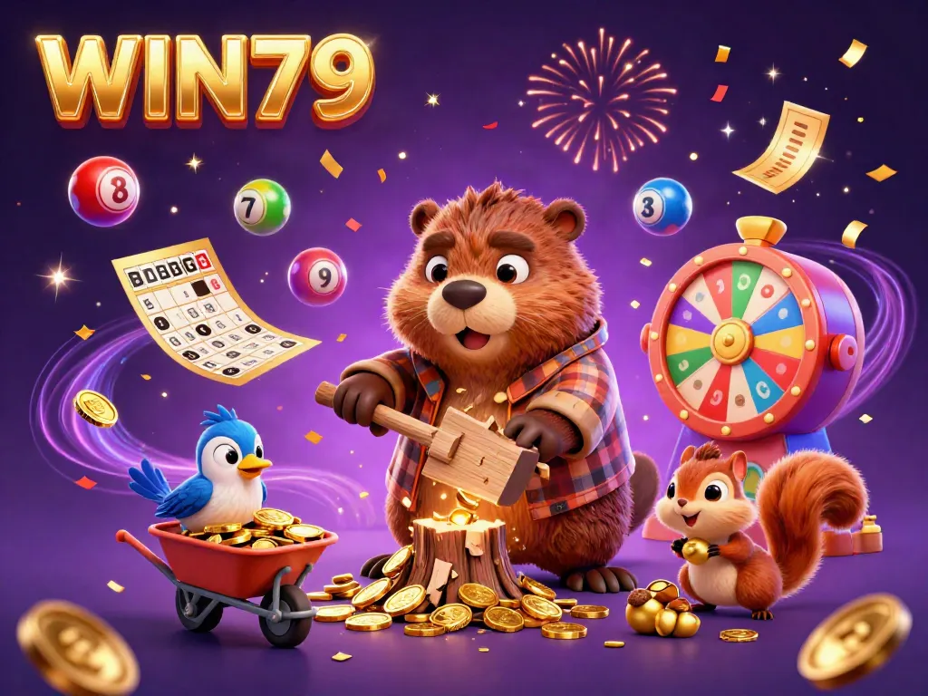 Join the WIN79 celebration with a vibrant casino scene featuring rich colors and energetic characters.