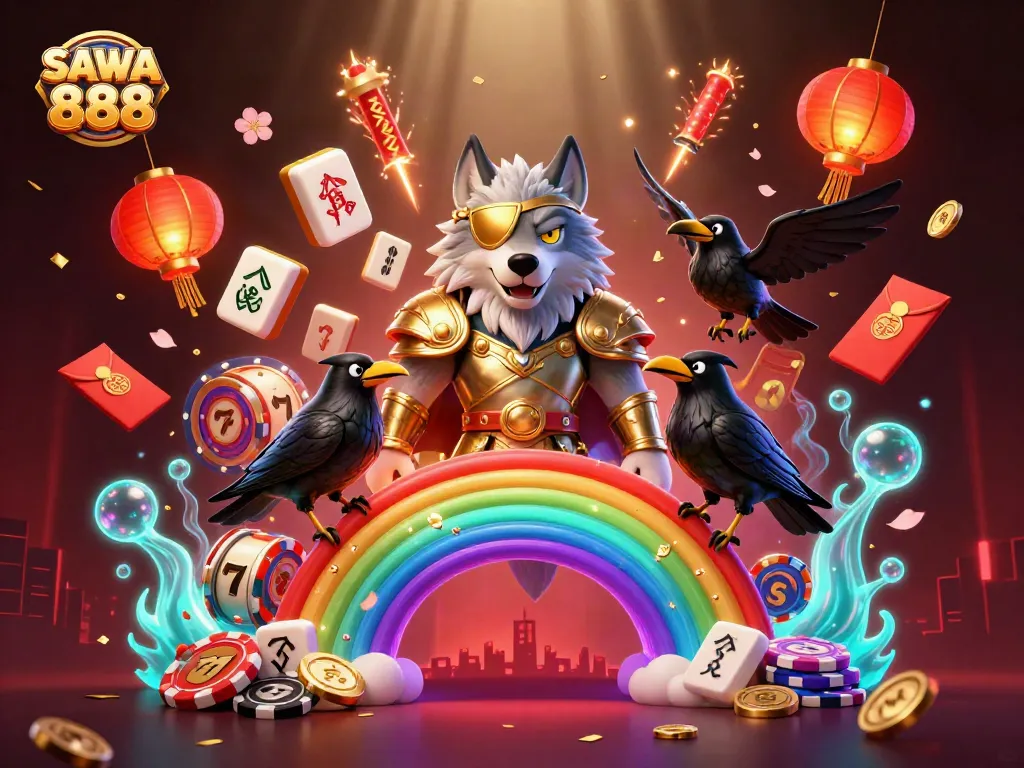 Engage with SAWA 888 by exploring the mythical realm of online gambling, showcasing Norse-themed characters and vibrant casino elements.