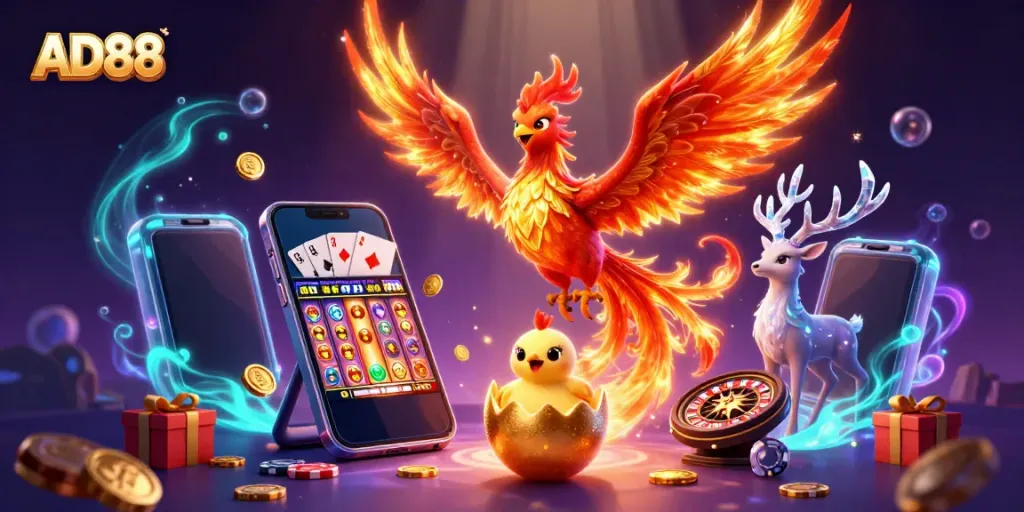 Experience excitement at AD88 with vibrant gaming elements and magical characters in a dynamic casino atmosphere.