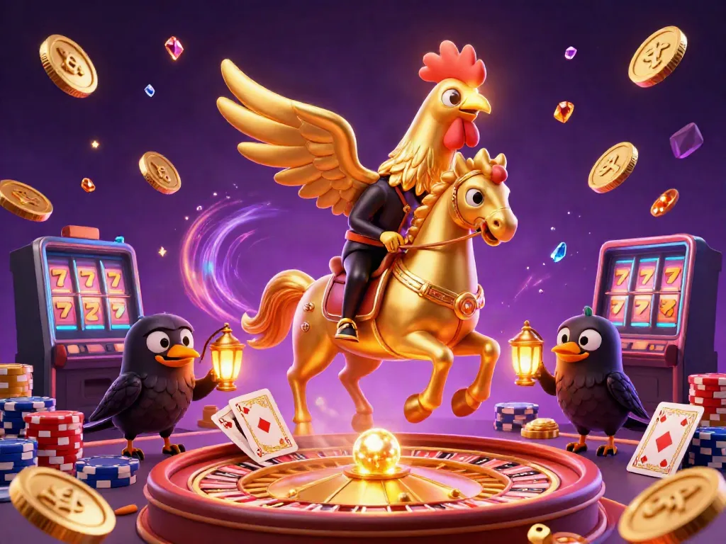 GO99 brings excitement as a golden rooster rides through a dazzling casino scene