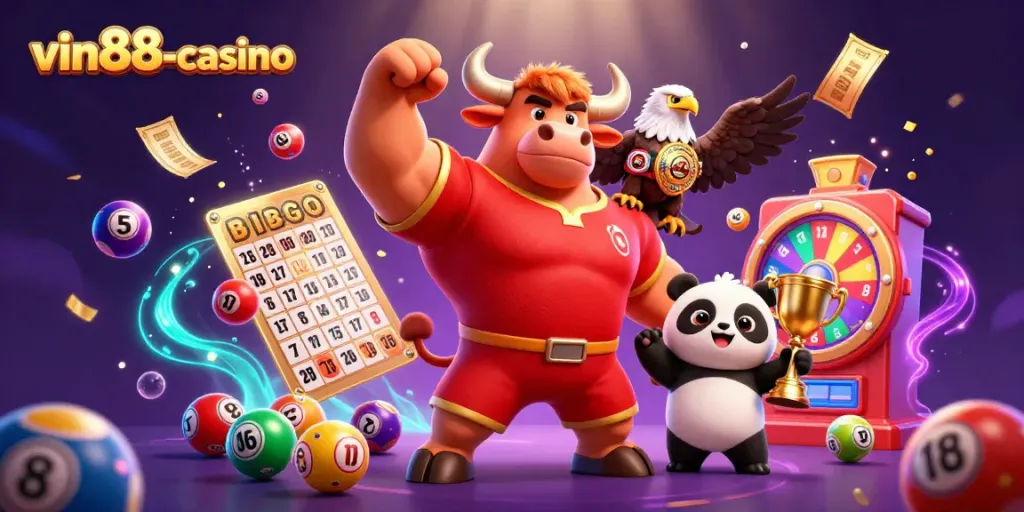 Experience excitement at vin88-casino with vibrant lottery elements and cheerful characters.