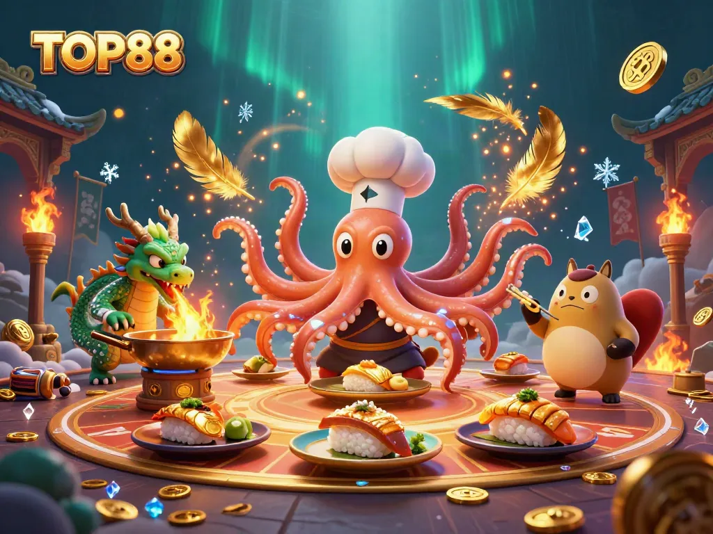 Experience TOP88 with a fun 3D scene of casino-themed characters and elements.