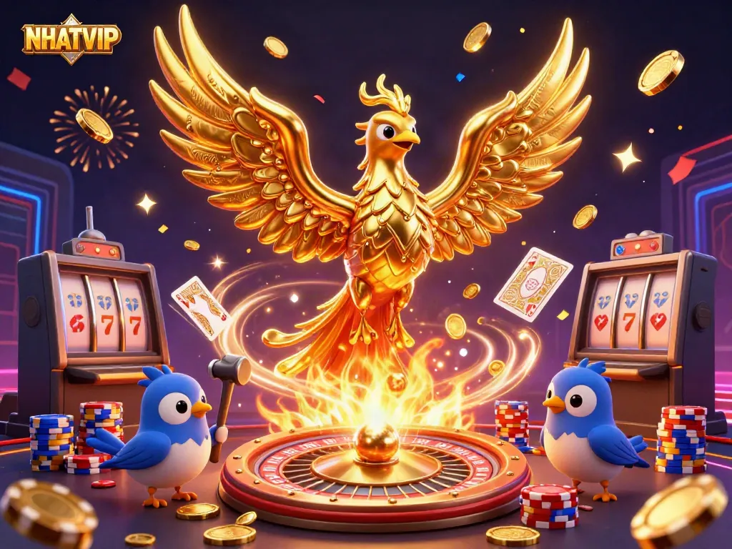 Experience dynamic gaming excitement with NHATVIP featuring a molten phoenix and gleaming coins.