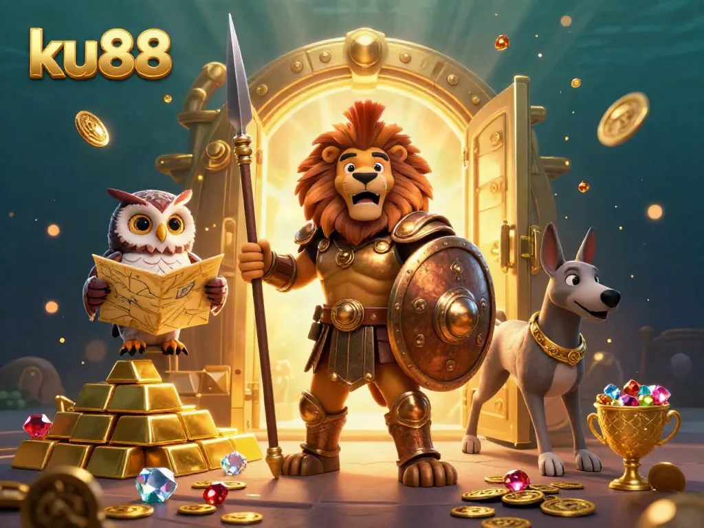 Experience thrilling gameplay with ku88's vibrant casino scene featuring a Spartan lion and shimmering treasures.