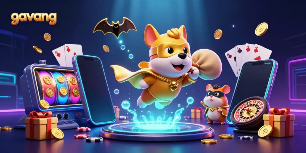 Gavang showcases a superhero dog flying with coins amidst vibrant gaming elements for an online casino.