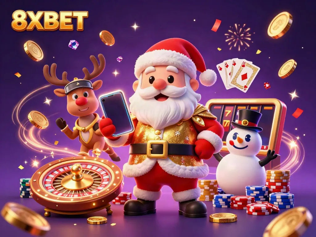 Experience thrilling gameplay with 8XBET at a dynamic online casino featuring festive characters.