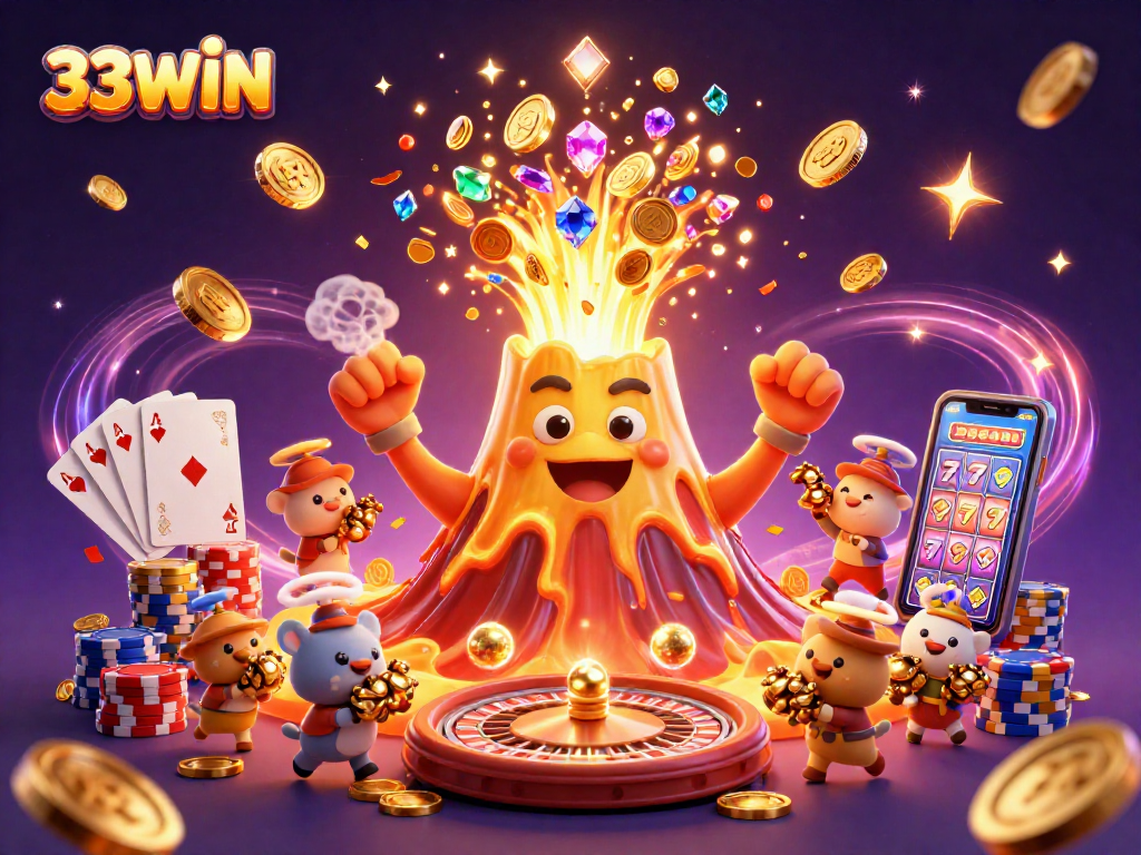 33WIN features a jubilant golden volcano amidst riches, showcasing the thrill of online gaming.