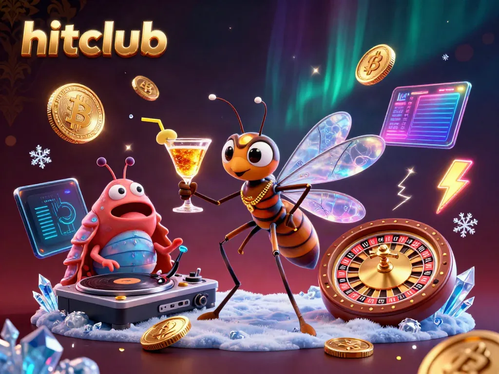 Engage with hitclub's vibrant casino scene featuring a frozen mosquito mascot, trilobite DJ, and gold coins.