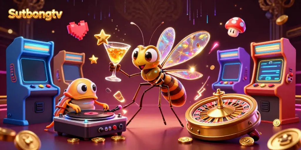 Sutbongtv presents an exciting casino scene featuring a 3D cartoon frozen mosquito mascot, a trilobite DJ, and a roulette wheel.