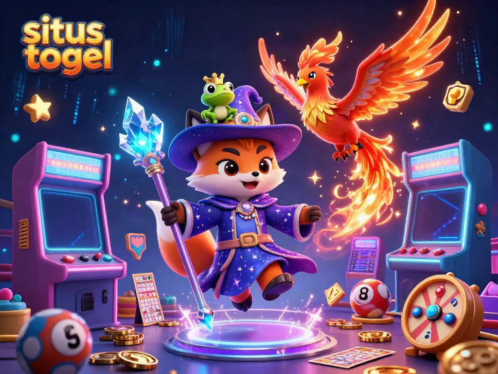 Situs togel lottery scene featuring a mystical wizard fox, phoenix, and enchanted elements.