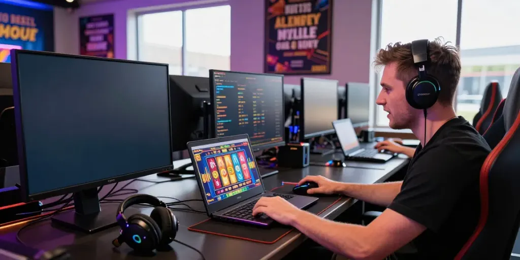 Engaged gamer playing situs slot gacor on a sleek gaming setup with vibrant lighting and gaming peripherals.