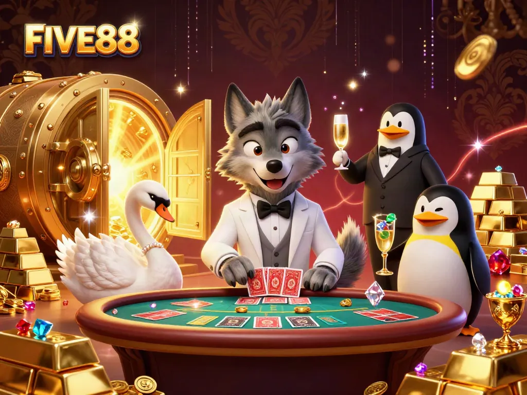 Join the excitement at FIVE88 with a debonair wolf, swan dealer, and penguin sommelier at an extravagant gaming table.