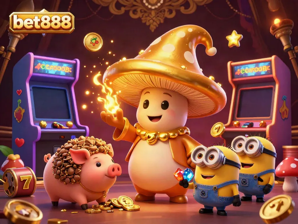 Experience the thrill of bet888 with this magical 3D casino scene featuring a wizard and treasure-filled characters.