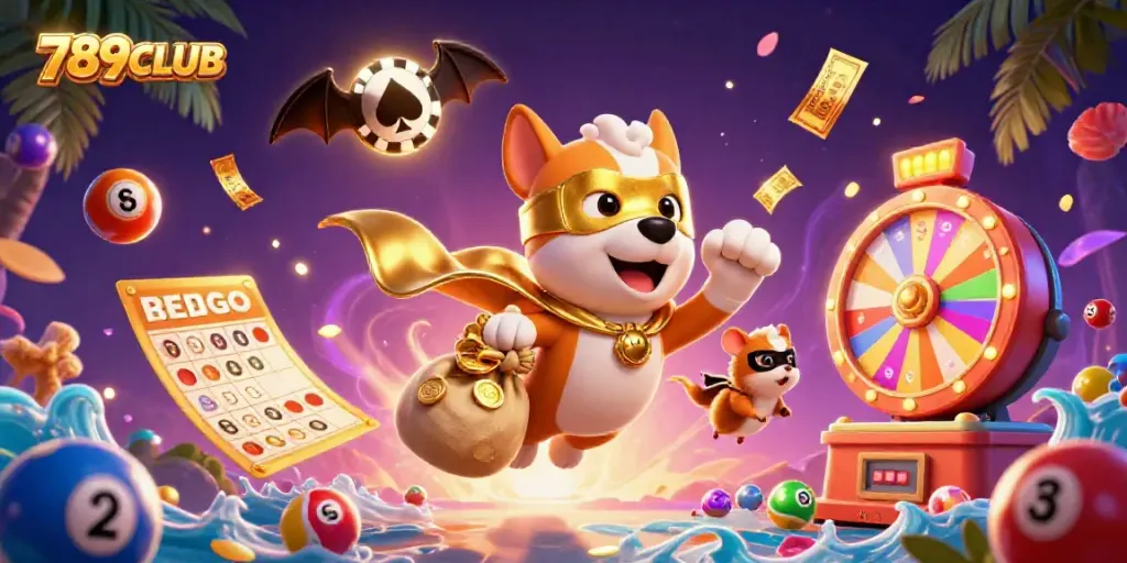Enjoy thrilling adventures with 789CLUB as the cartoon superhero dog flies amidst casino excitement.
