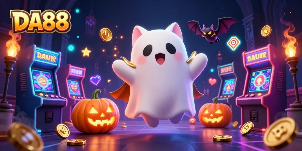 Experience thrilling gameplay at DA88 casino with vibrant ghost cat and spooky elements.