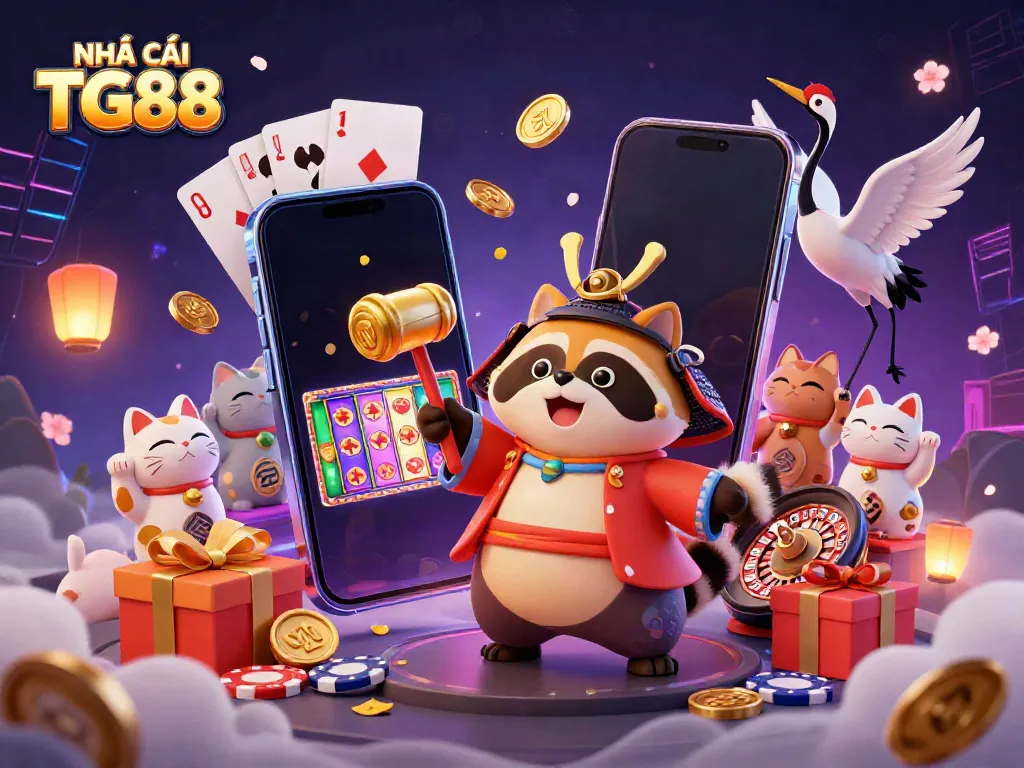 Engage in gaming with NHÀ CÁI TG88 featuring a cheerful tanuki and exciting slot games.