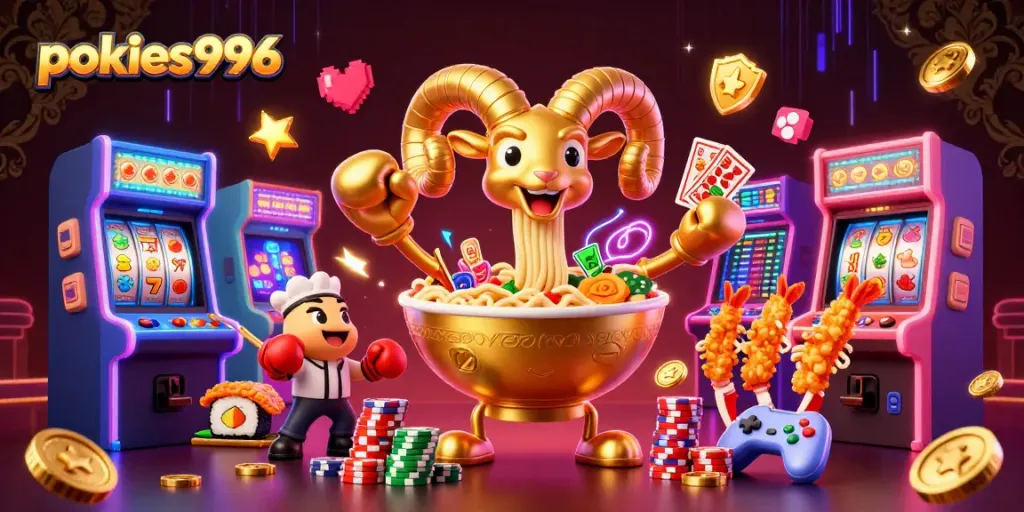 Spin and win at pokies996 with colorful characters and dynamic casino elements in a vibrant 3D scene.