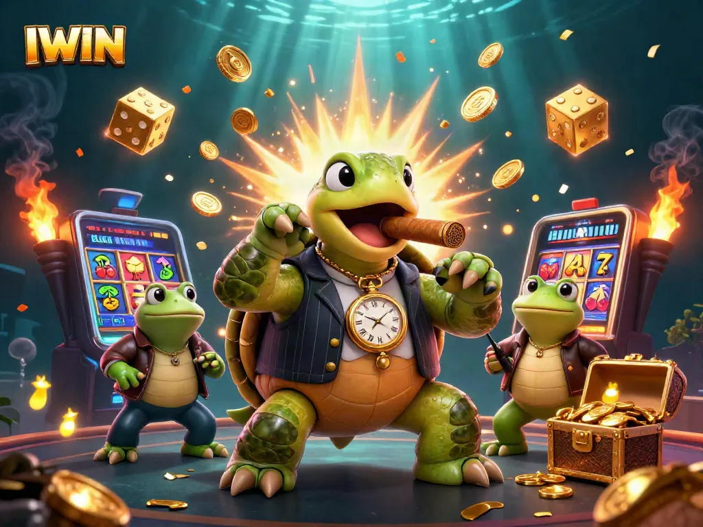 IWIN cinematic scene featuring a turtle in a suit by a massive slot machine explosion.
