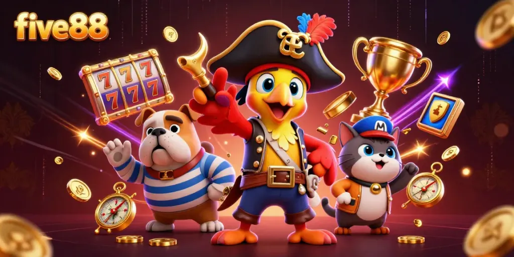 five88 showcases thrilling slot reels and a pirate scene with animated characters in an electrifying casino setting
