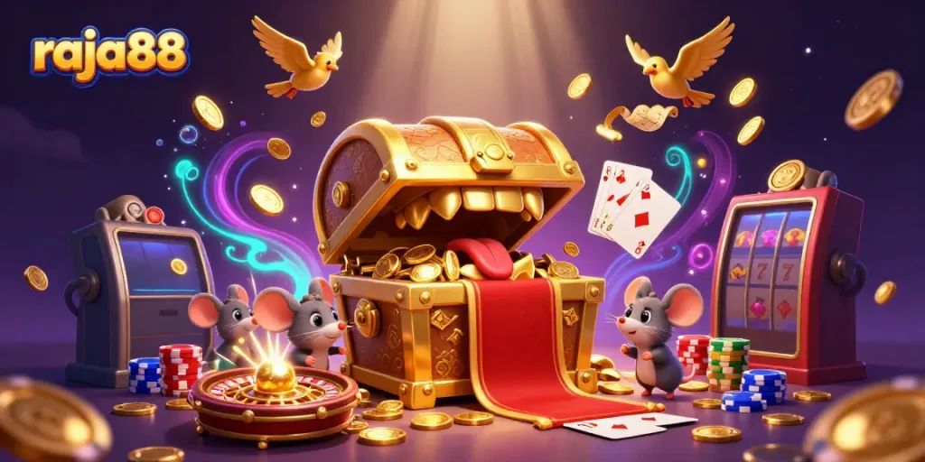 Engage with raja88's vibrant treasure game scene filled with gold coins and lively adventure.