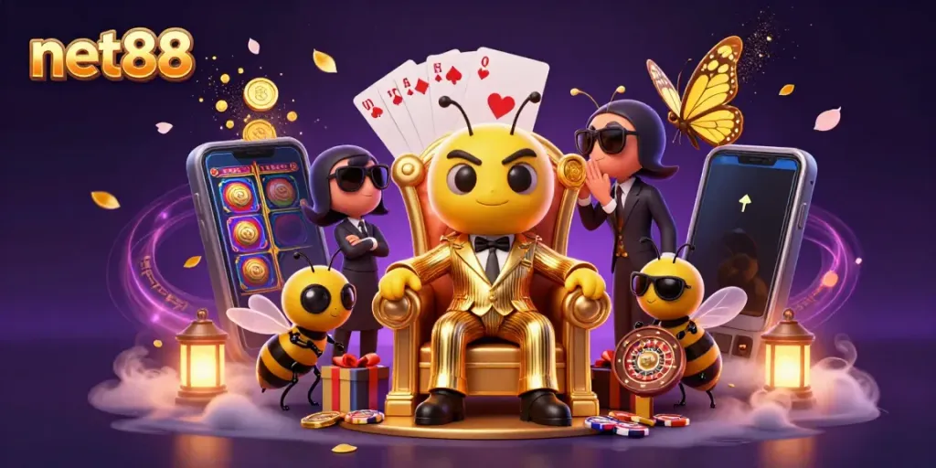 Experience thrilling gameplay with net88's vibrant casino atmosphere, featuring a cartoon mob boss and exciting gaming elements.