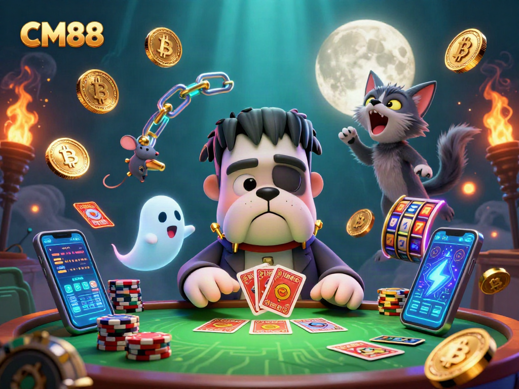 Engage with CM88's thrilling casino atmosphere featuring characters and crypto elements.