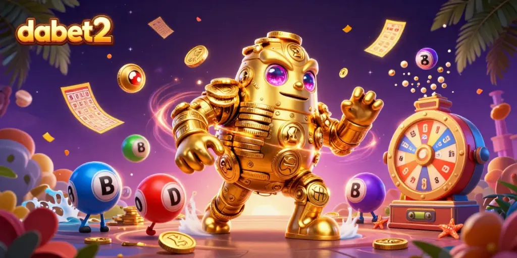 Engage in vibrant gaming moments at dabet2 with dynamic lottery elements and golden golem character.
