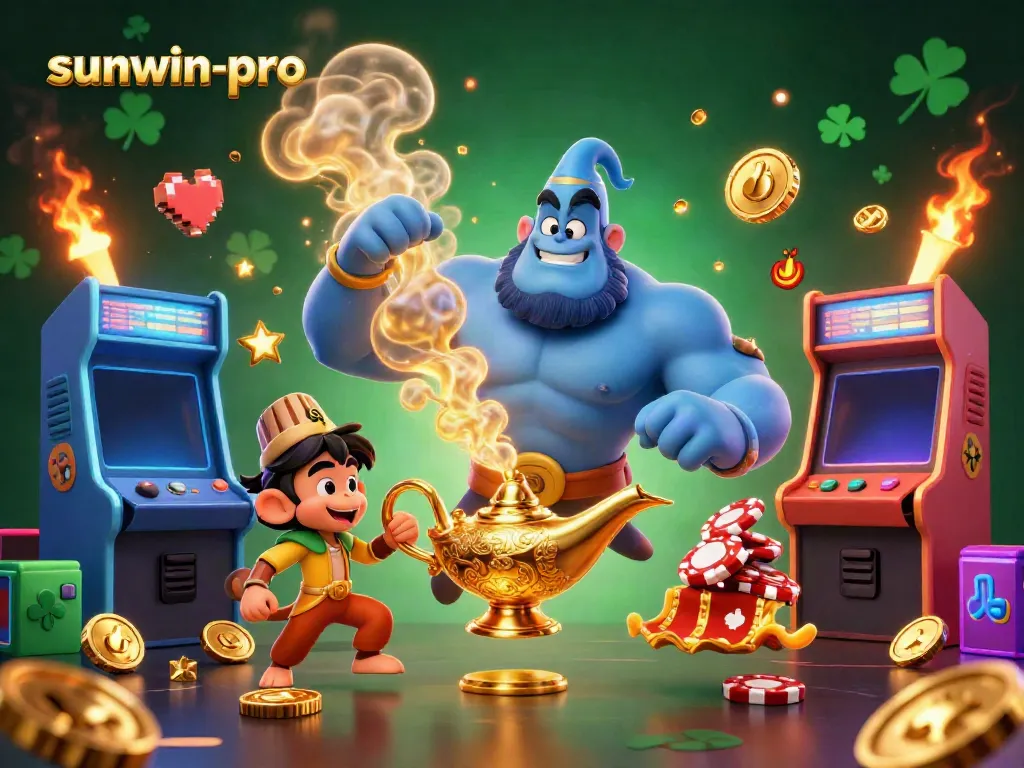 Engage with sunwin-pro's thrilling gaming world through a sparkling 3D casino adventure featuring a lively genie and playful monkey.