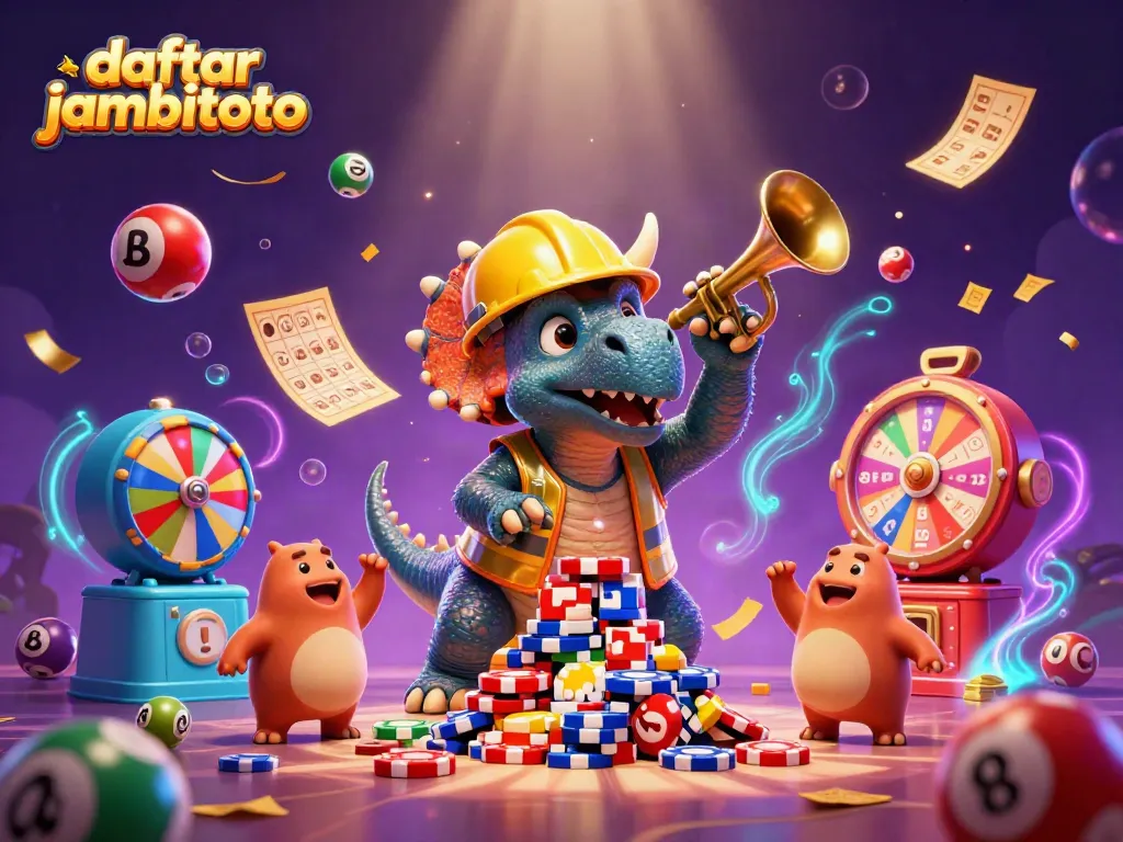 Engage with daftar jambitoto excitement as a triceratops builds a poker chip pyramid amid dynamic lottery elements.