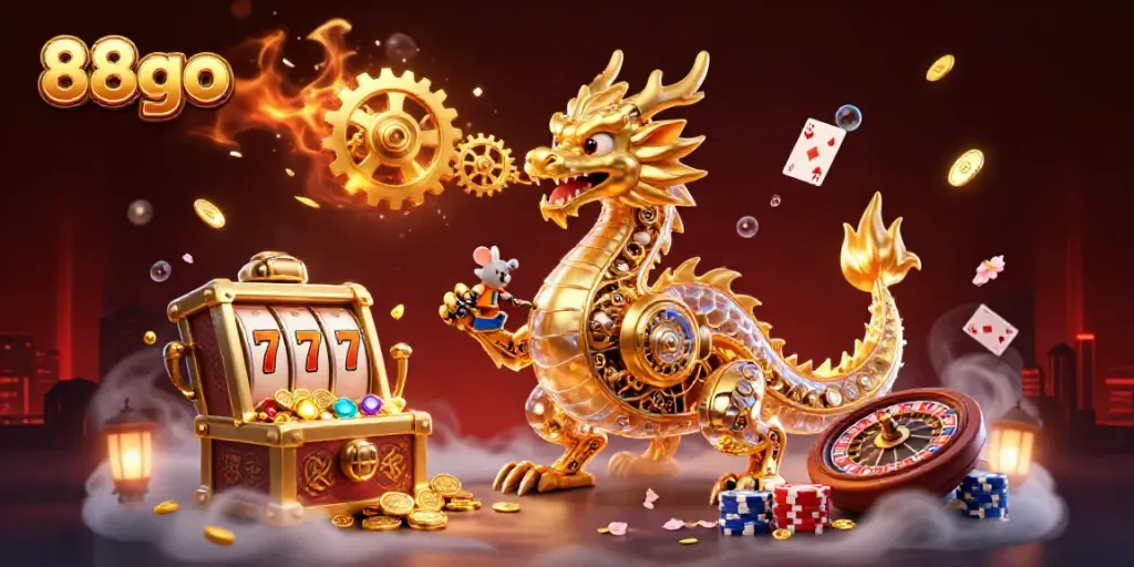 Engage with thrilling casino action in 88go featuring a golden dragon and vibrant slot game elements.