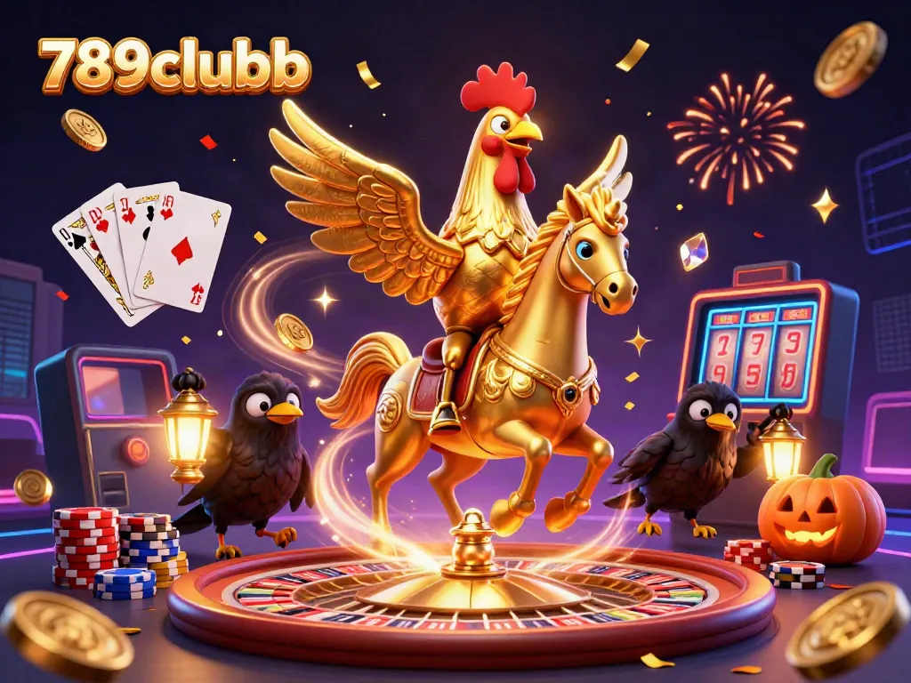 Engage with 789clubb as a golden rooster and spooky companions celebrate in an exciting casino scene.