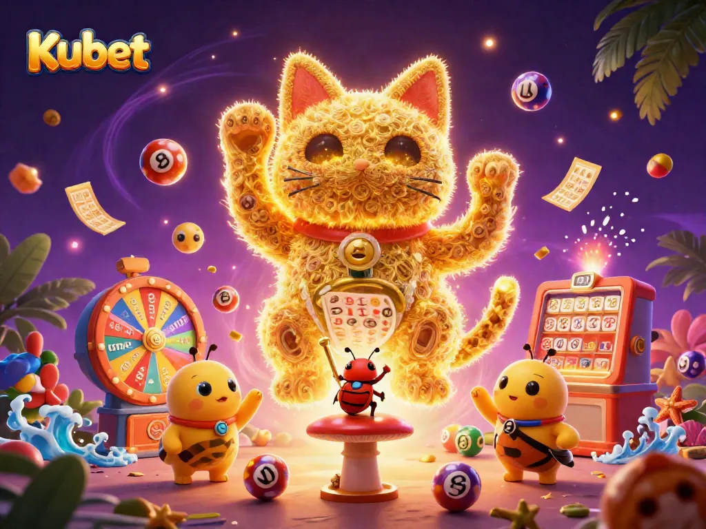 Kubet showcases a vibrant scene with a lucky cat formed by golden fireflies amid dynamic casino symbols.