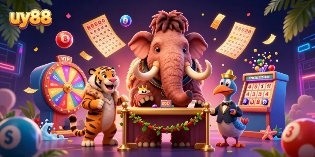 Spin to win at uy88 with vibrant lottery elements and engaging characters in a dynamic casino scene.