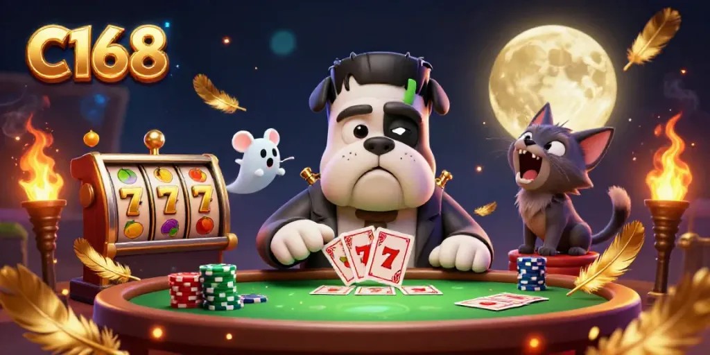 C168 gaming scene with a Frankenstein bulldog dealing cards at a casino table, featuring vibrant symbols.