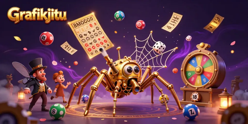 Grafikjitu: a steampunk spider weaves a web of fortune with lottery elements and animated game symbols.