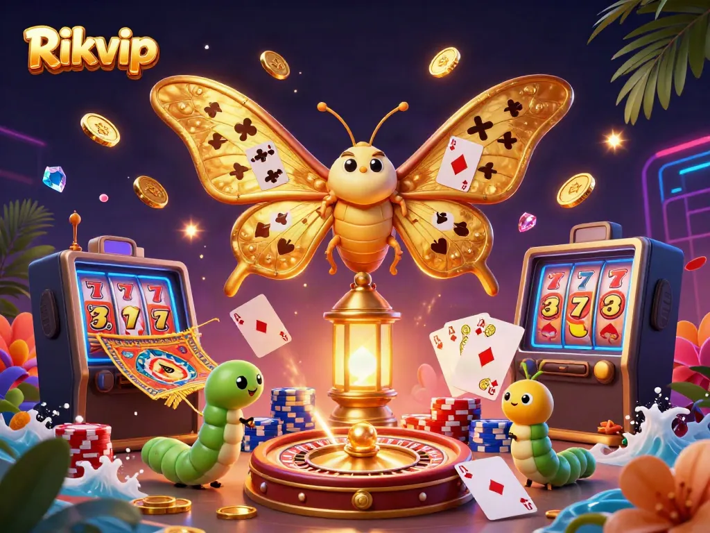 Engaging scene of Rikvip with vibrant 3D casino elements, showcasing golden moth and dynamic gaming features.
