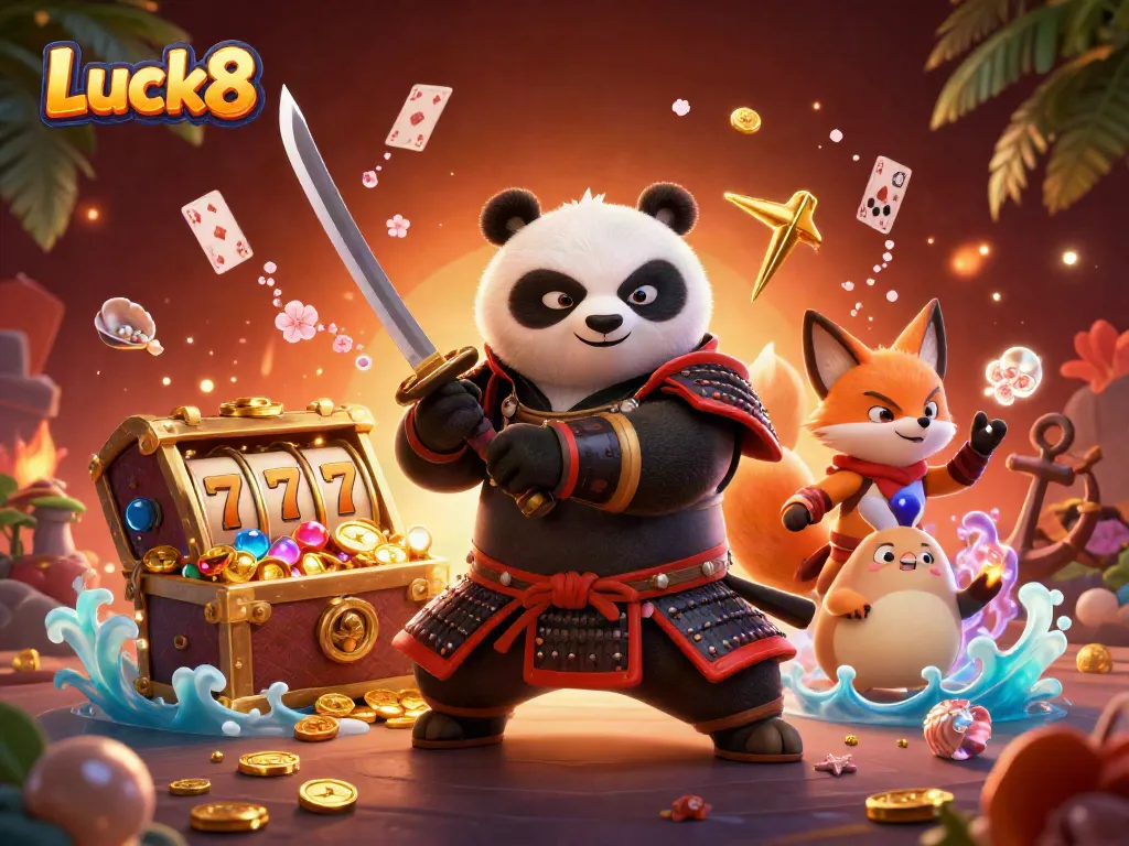 Experience the thrill of Luck8 with dynamic gaming icons and lively characters in a rich, colorful casino scene.