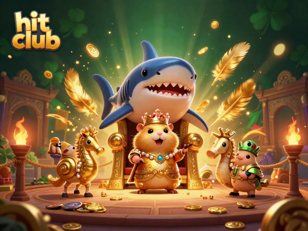 Experience lively gaming action at hit club with a tiny hamster king on a shark tooth throne surrounded by marine-themed casino elements.