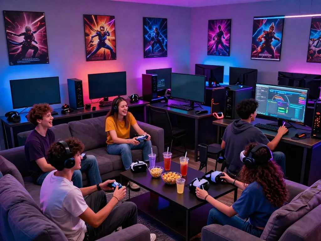Friends enjoying multiplayer games in a vibrant gaming lounge, embodying the kilat404 community spirit.