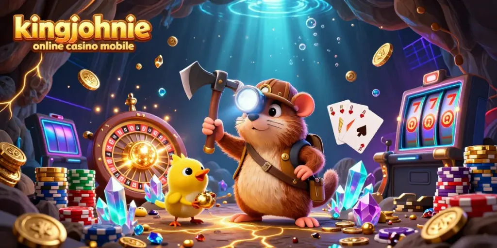 Experience winning fun at kingjohnnie online casino mobile with treasure hunter characters and casino elements.