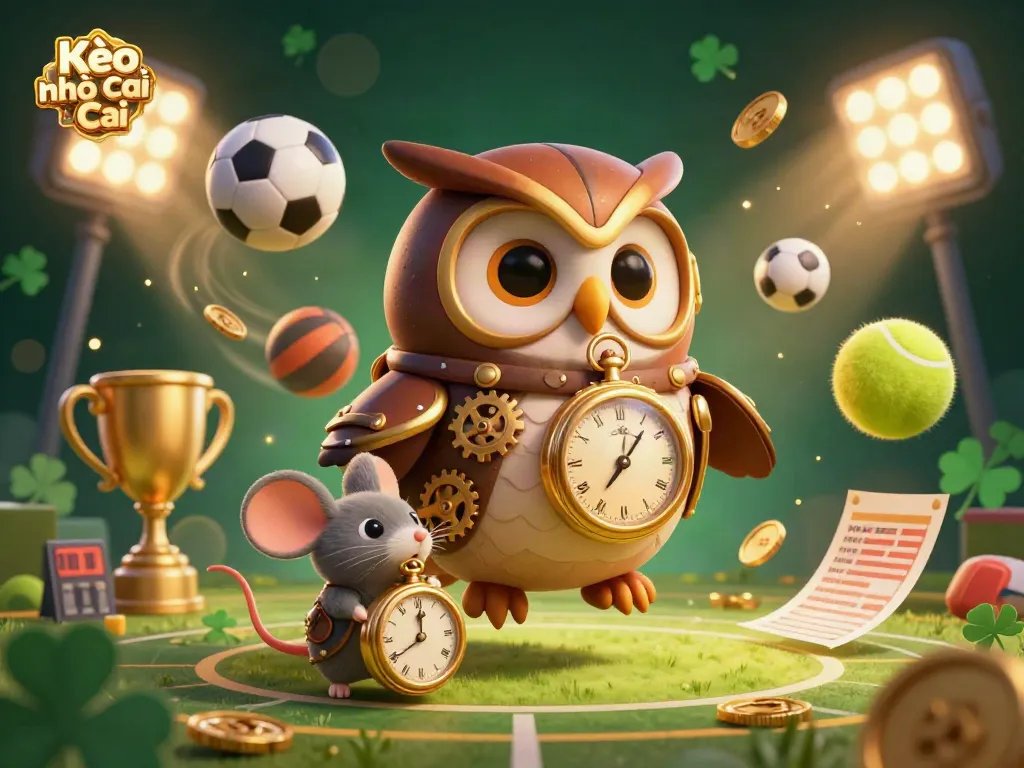 Kèo nhà cái betting scene featuring an owl and a mouse amidst dynamic sports elements.
