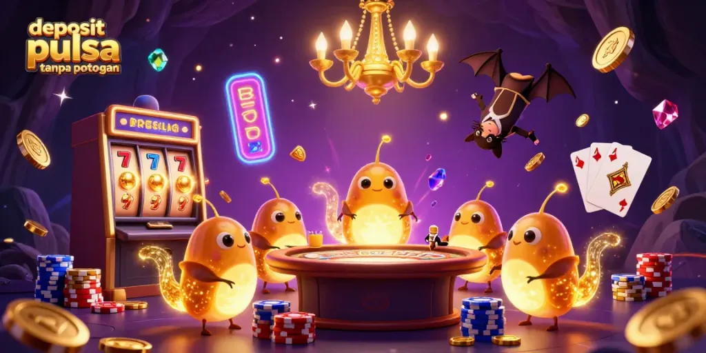 Experience thrilling action with deposit pulsa tanpa potongan at a vibrant 3D casino scene.