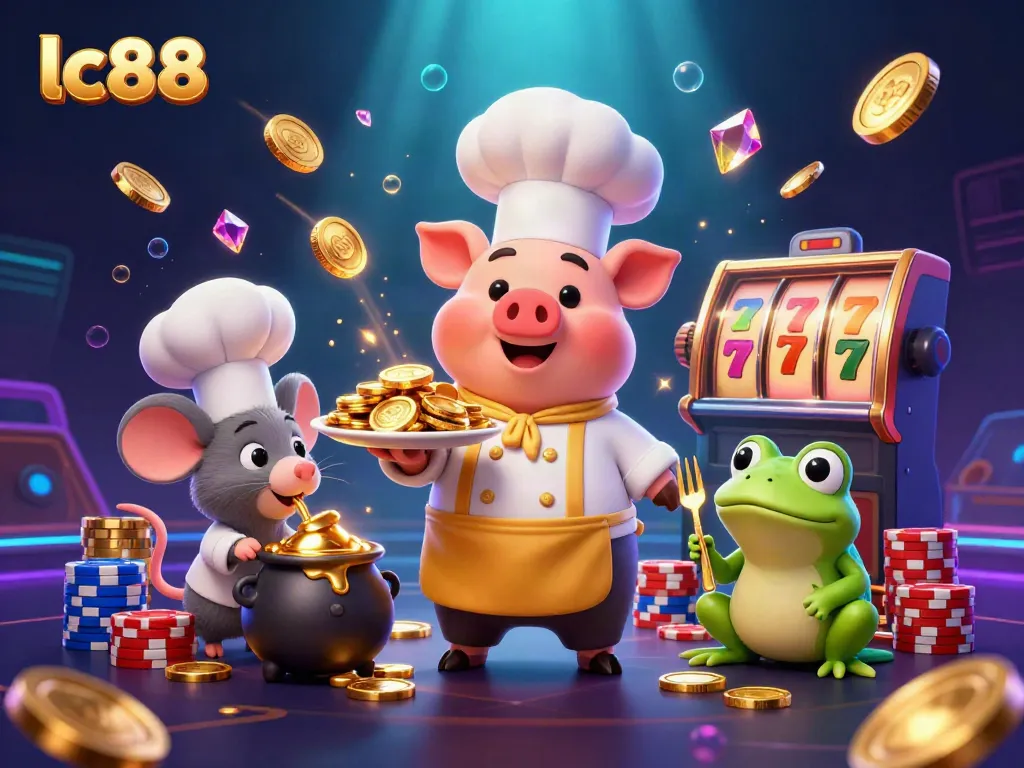Experience the excitement of lc88 casino with a pig chef serving gold coins amidst lively gaming elements.