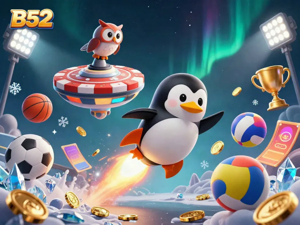 Experience the thrill of B52 with our dynamic casino-themed 3D illustration featuring a golden penguin and sports elements.