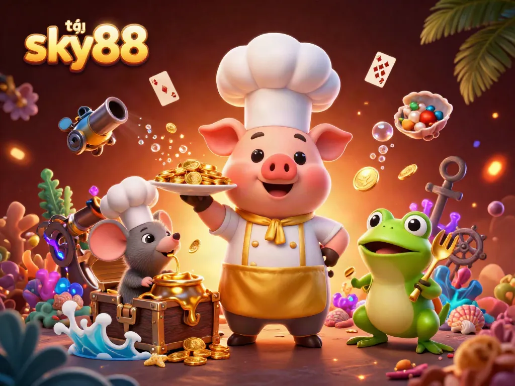 Place bets at tại sky88 with dynamic casino visuals featuring vibrant characters and gold coins.