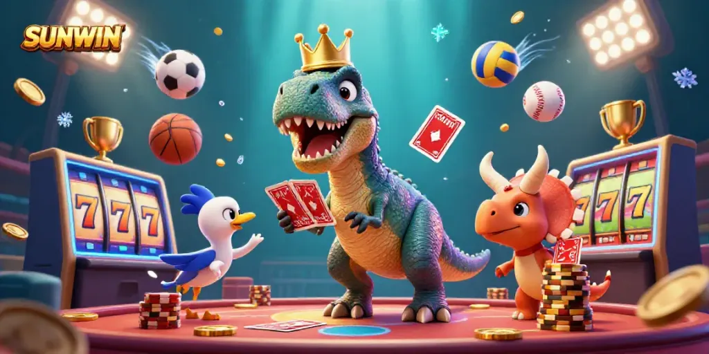 Exciting SUNWIN gaming action with a colorful ensemble of playful characters in a vibrant casino atmosphere.