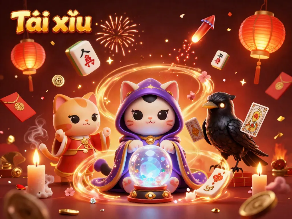 Experience Tài xỉu magic with a vibrant 3D scene showcasing fortune tellers and mystical elements.