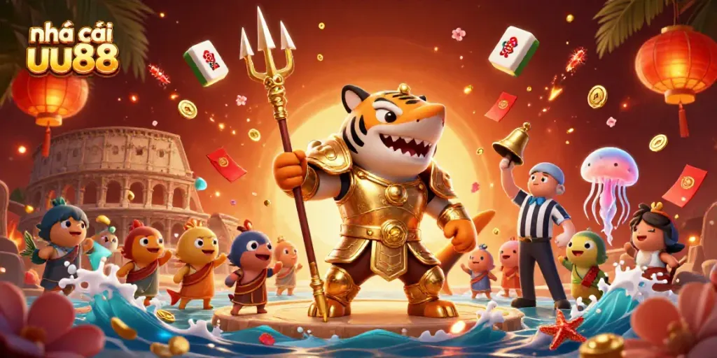Engage with nhà cái uu88 featuring a gladiator tiger shark in a vibrant underwater casino scene.
